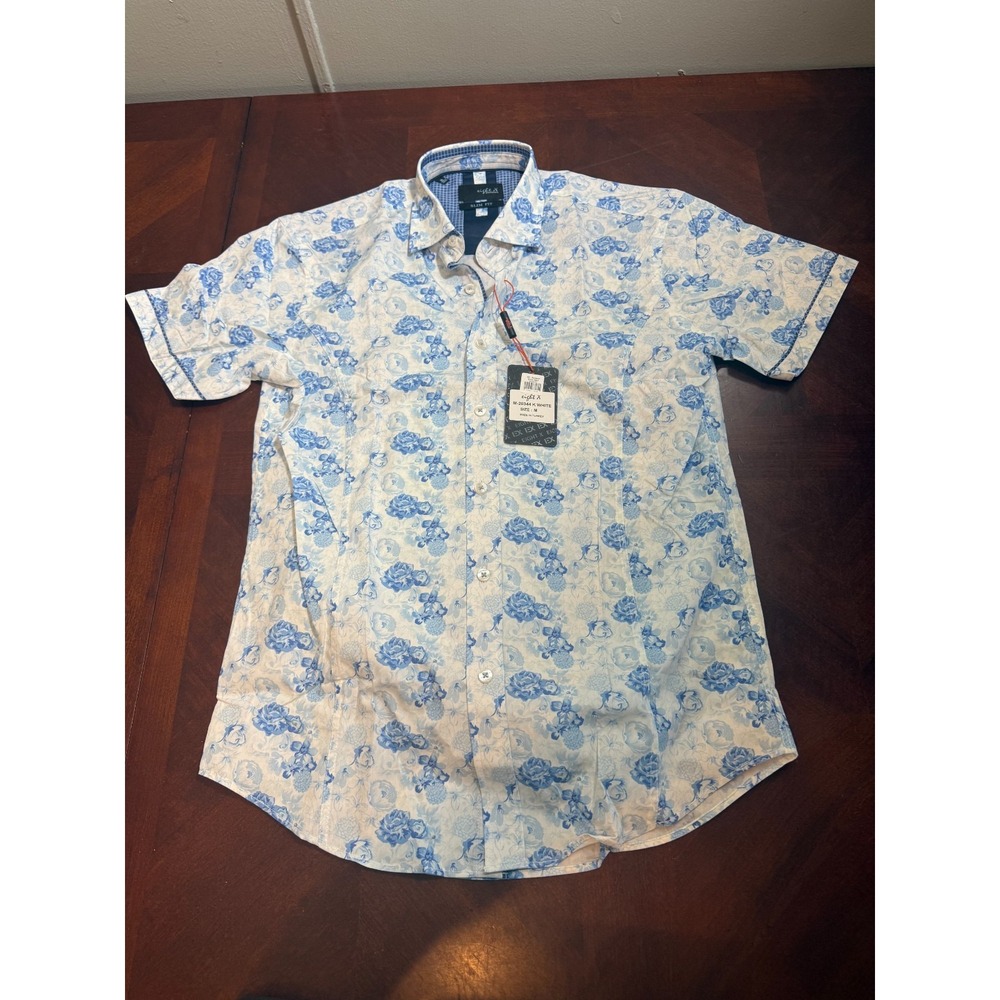 Eight X Premium Floral Short‎ Sleeve Shirt Blue White Slim Fit Size M